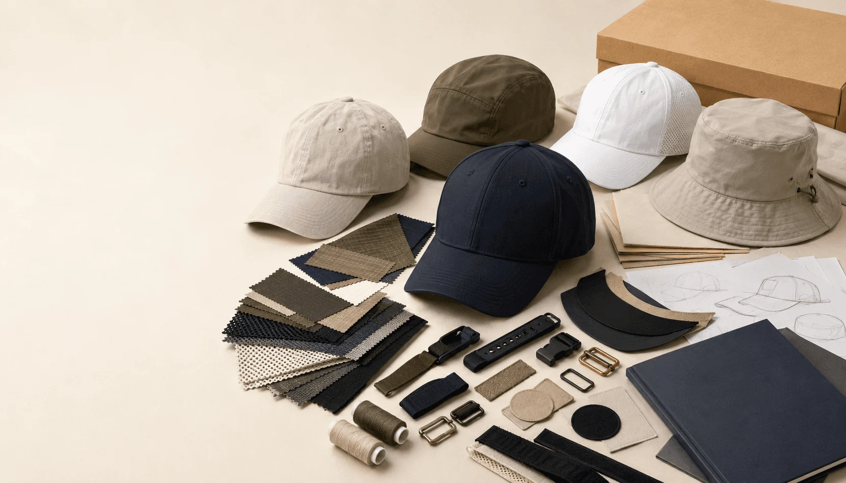 Illustrative blank headwear, materials, components and sketches for a feasibility-review brief.
