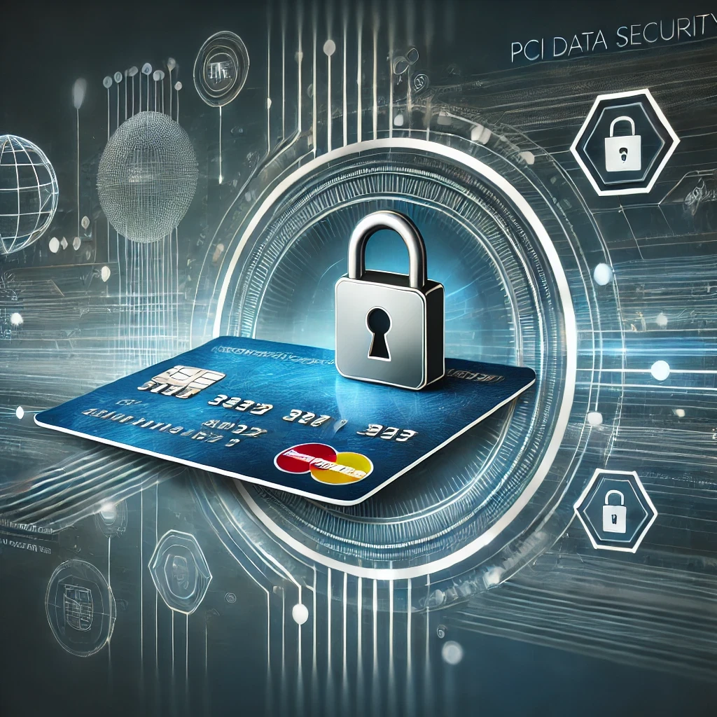 A professional digital illustration representing the concept of PCI Data Security Standard (PCI DSS). The image features a secure payment system with elements like a credit card, a padlock symbolizing security, and digital data streams. The background includes abstract representations of a secure network with lines and nodes symbolizing data protection. The color scheme uses shades of blue and white, emphasizing trust, security, and technology. The overall style is sleek and corporate, suitable for a business-focused audience.