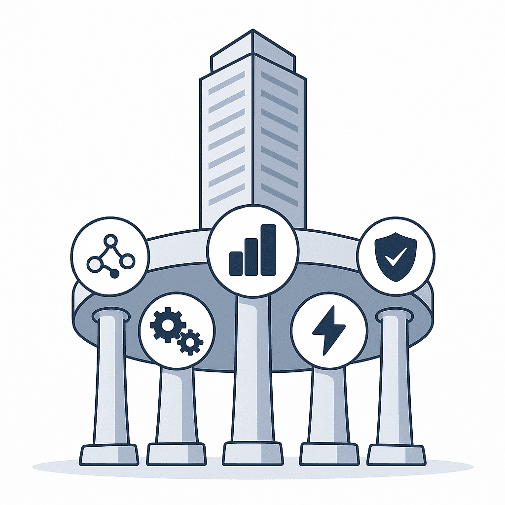 Five pillars icons—network nodes, gears, chart, shield, lightning—supporting enterprise building, symbolizing key GEO c