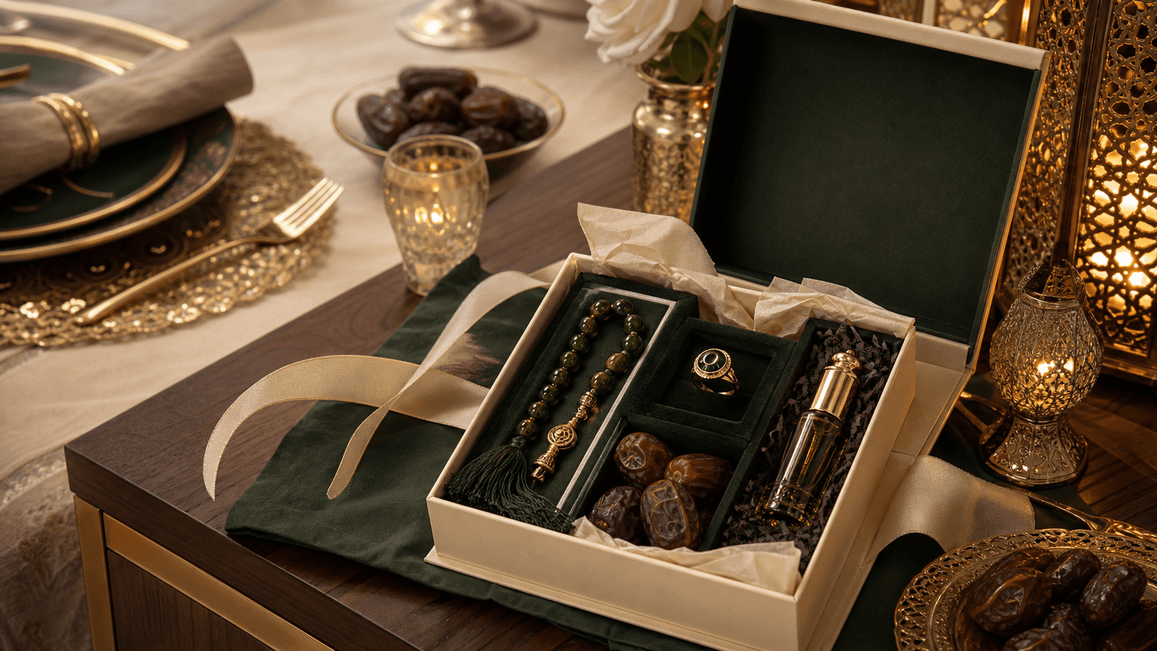 An open Ramadan gift set with prayer beads, dates, attar and faith jewellery