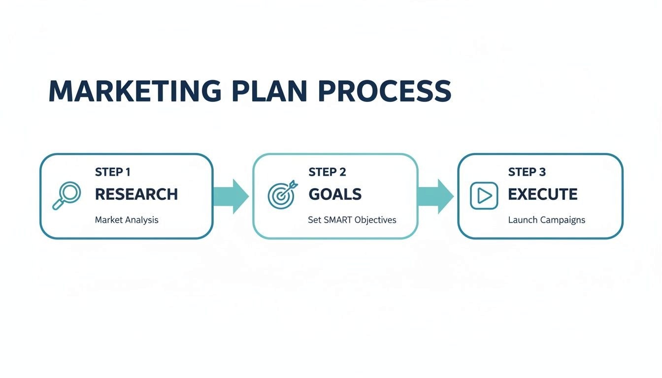 A marketing plan process infographic showing three steps: research, goals, and execution, connected by arrows.
