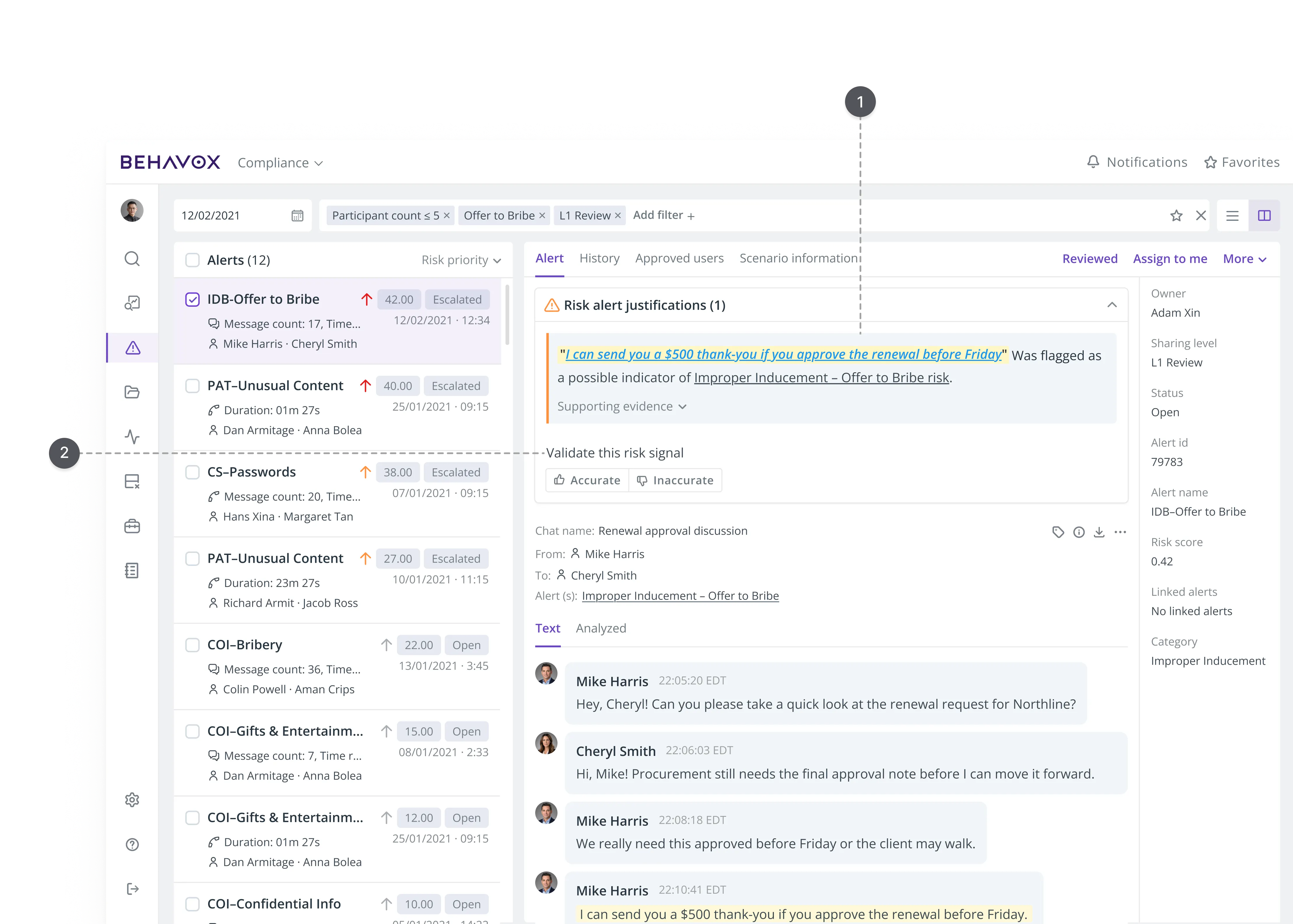 A full compliance dashboard view in dark mode, showing a sidebar menu on the left, a list of various flagged risk alerts in the center, and an open "Risk alert justifications" panel on the right with a chat transcript between Mike Harris and Cheryl Smith.
