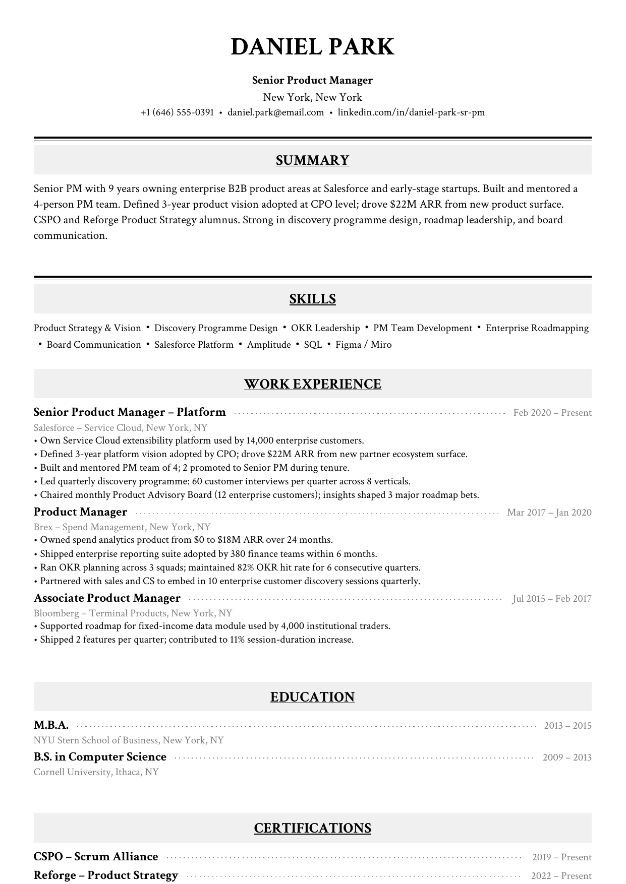 Senior product manager resume example