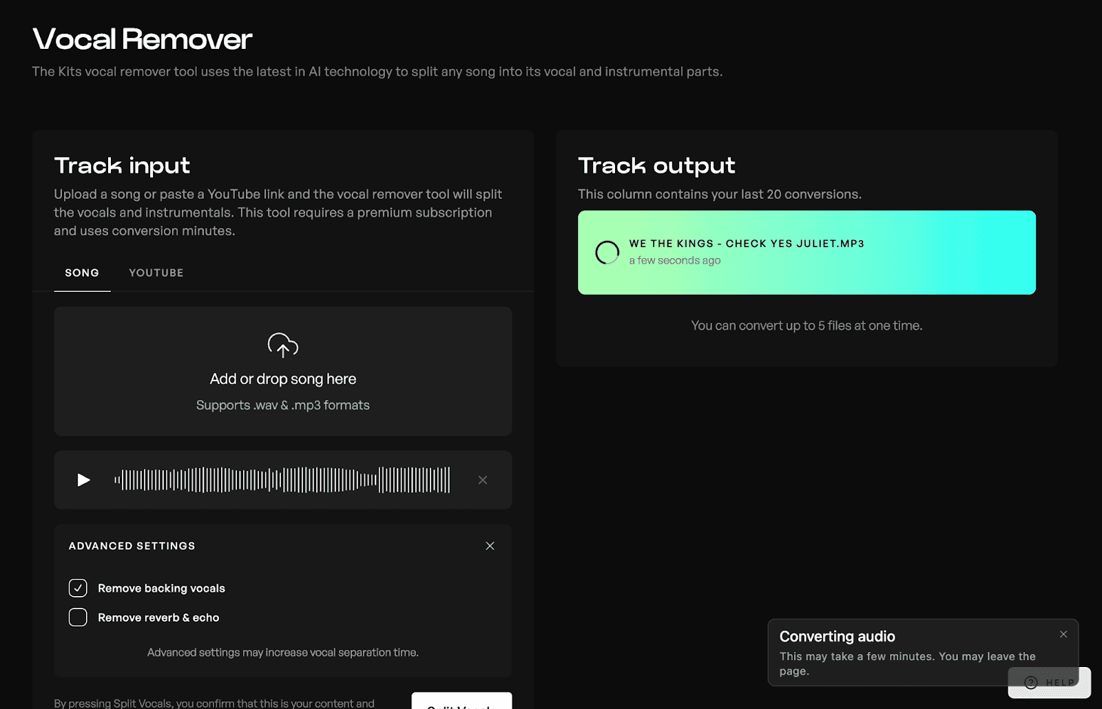 Kits AI vocal remover tool separating vocals from an audio file