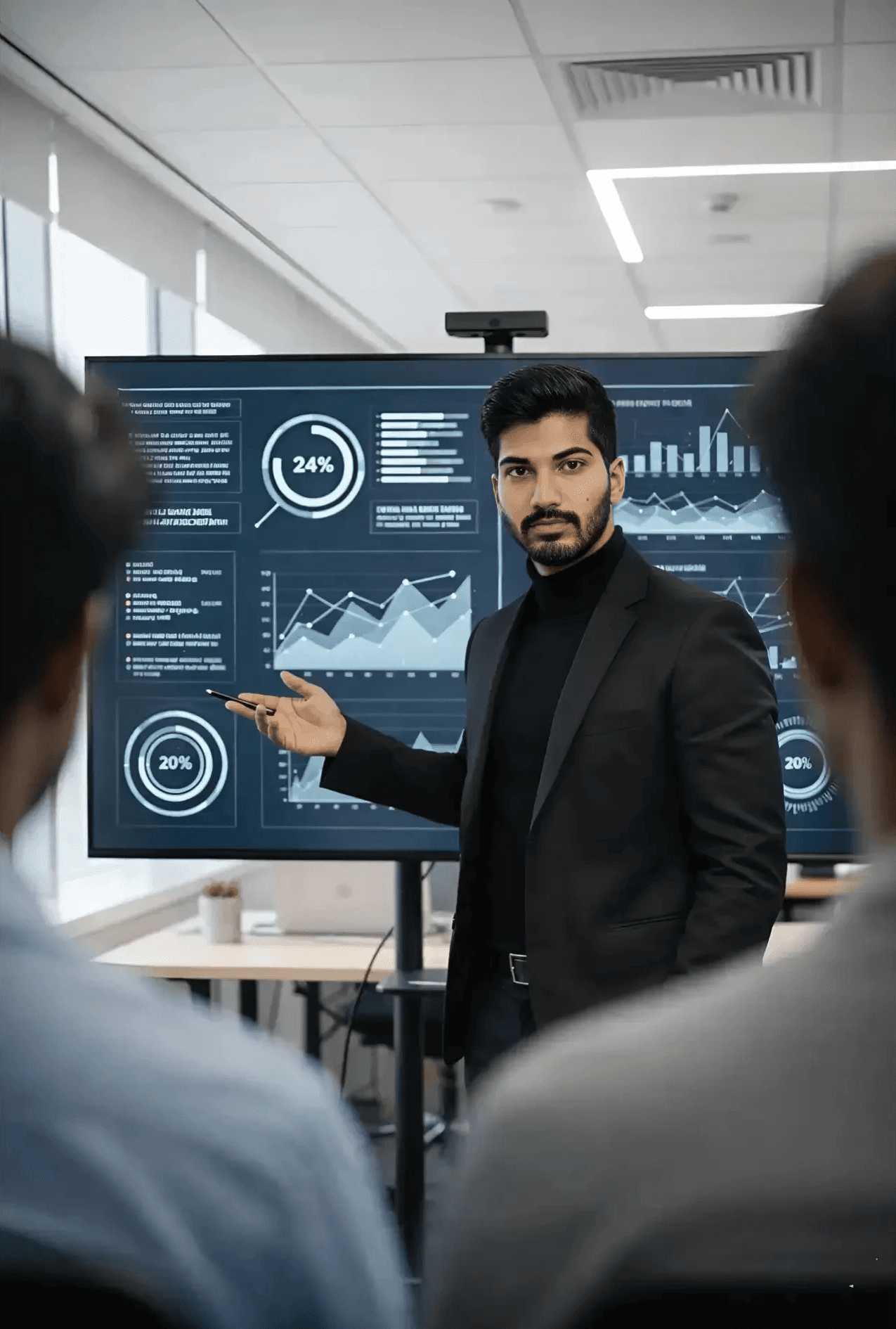 Mahendra R conducting digital marketing training session at NIDM Bengaluru, standing in front of large screen displaying analytics charts while engaging with students in professional corporate training environment