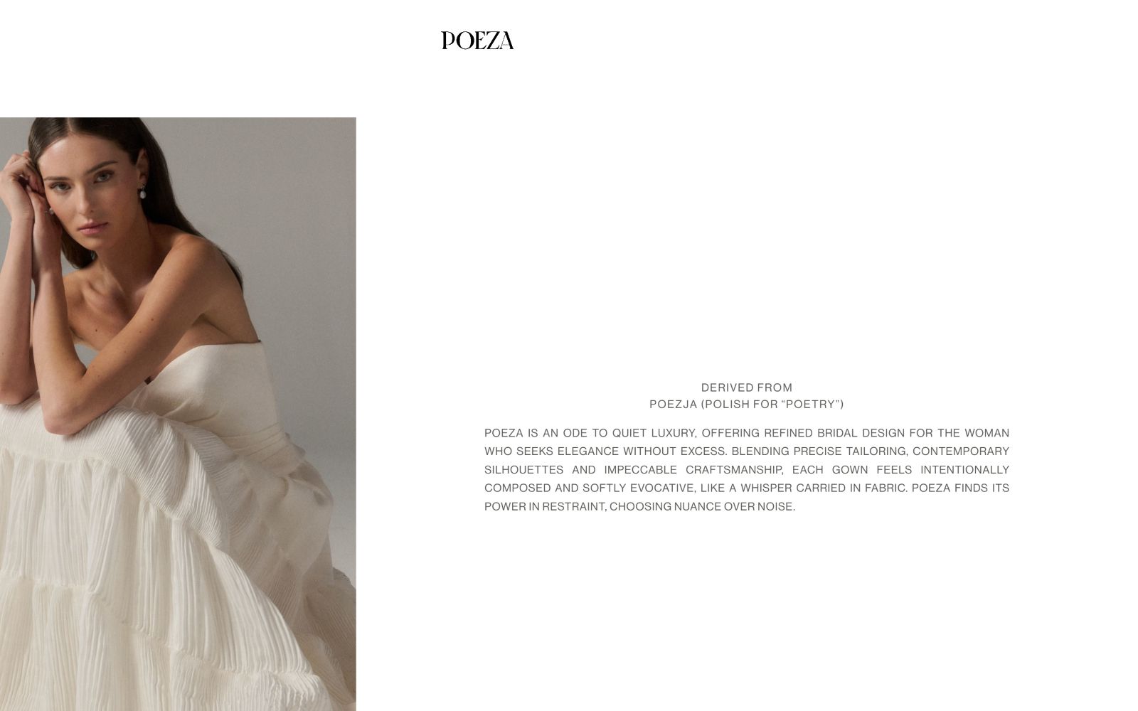 Woman in a white dress sitting, looking pensively. Text on right: "POEZA" with description of the brand's bridal design philosophy.