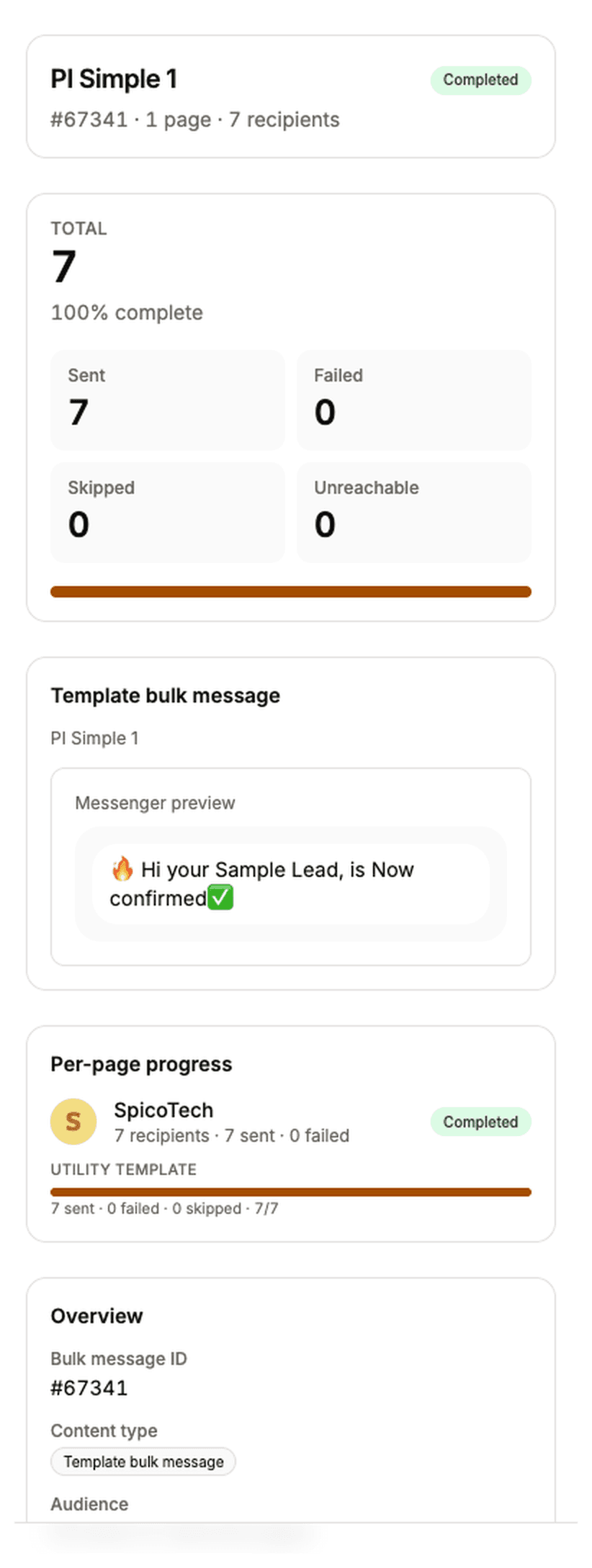 Finished bulk message showing total recipients and the Sent, Failed, Skipped and Unreachable counts.