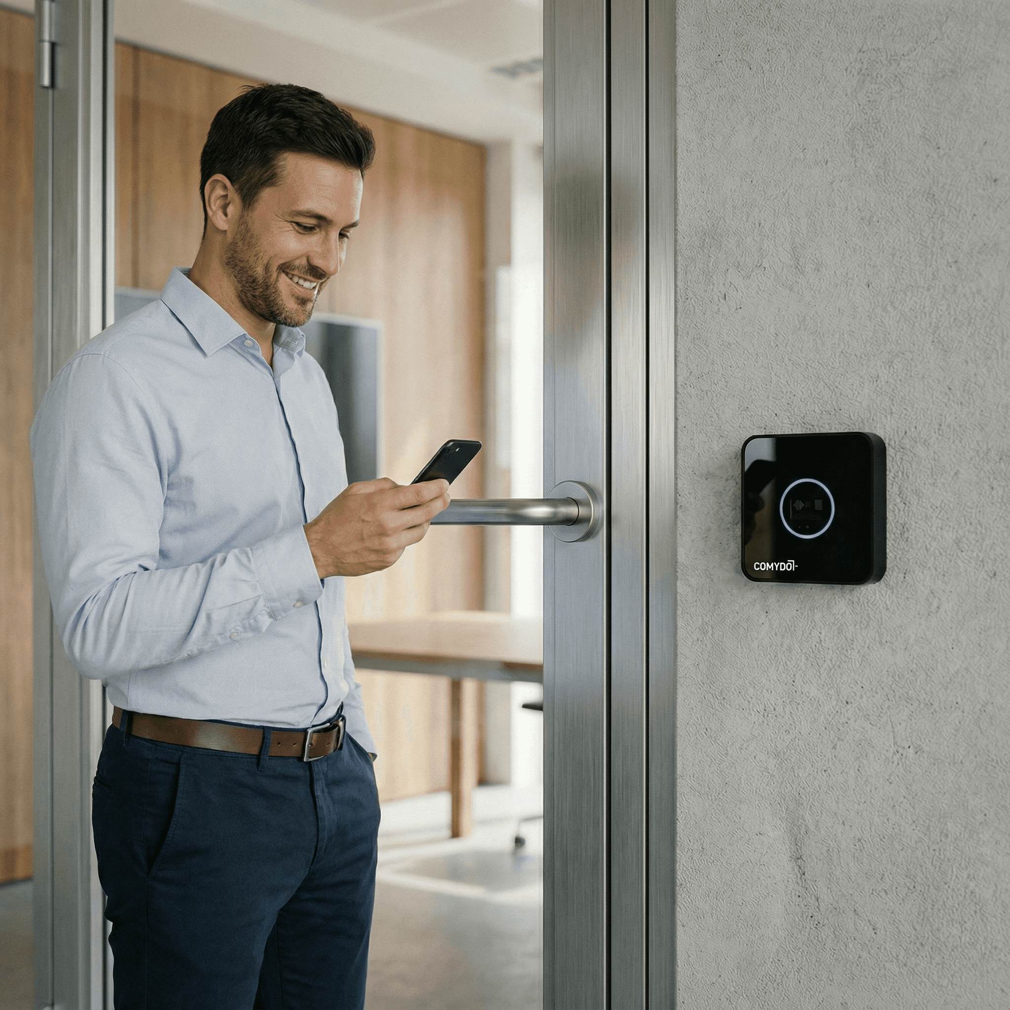 Ein Mann öffnet die Tür zum Meetingraum mit Comydo Smartlock per QR-Code Scan über sein Smartphone