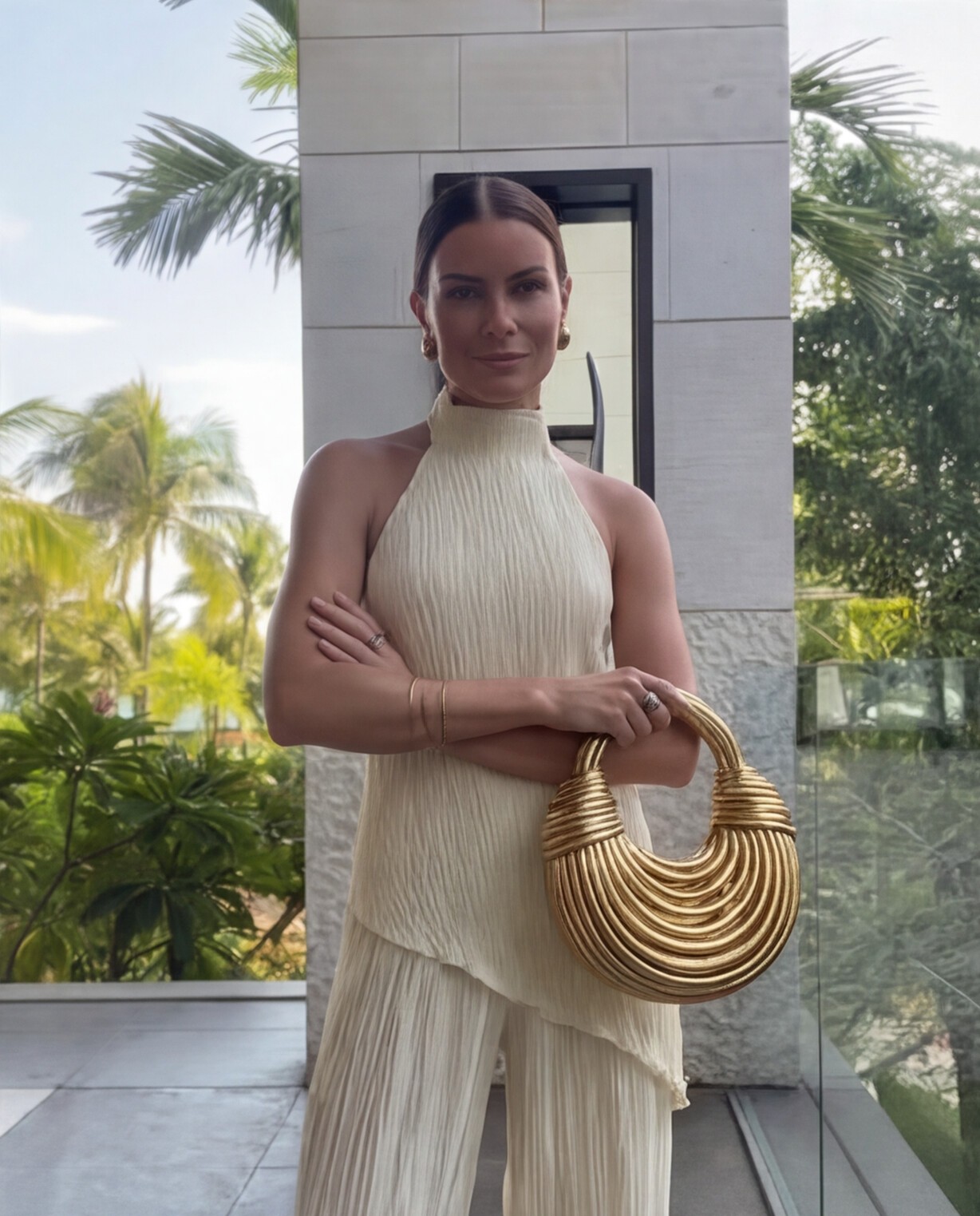 Brown Satin Shift Dress with Gold Accessories