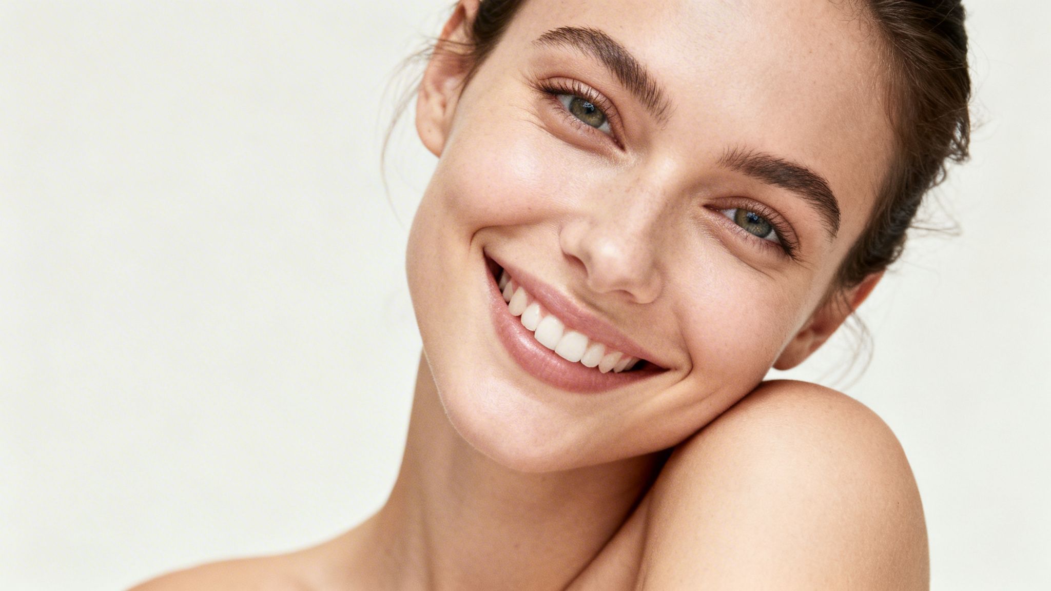 Eine lächelnde junge Frau mit strahlenden Augen und gesunder Haut blickt in die Kamera.