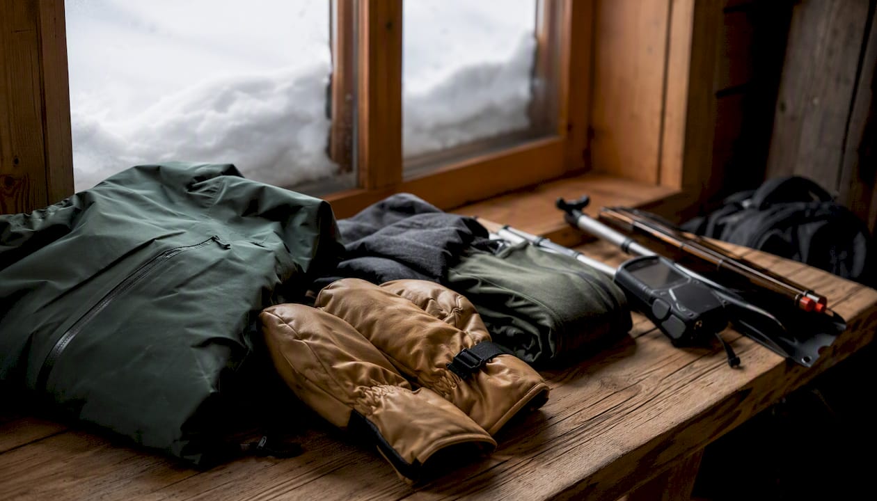 Ski clothing and equipment arranged for a heli-skiing trip