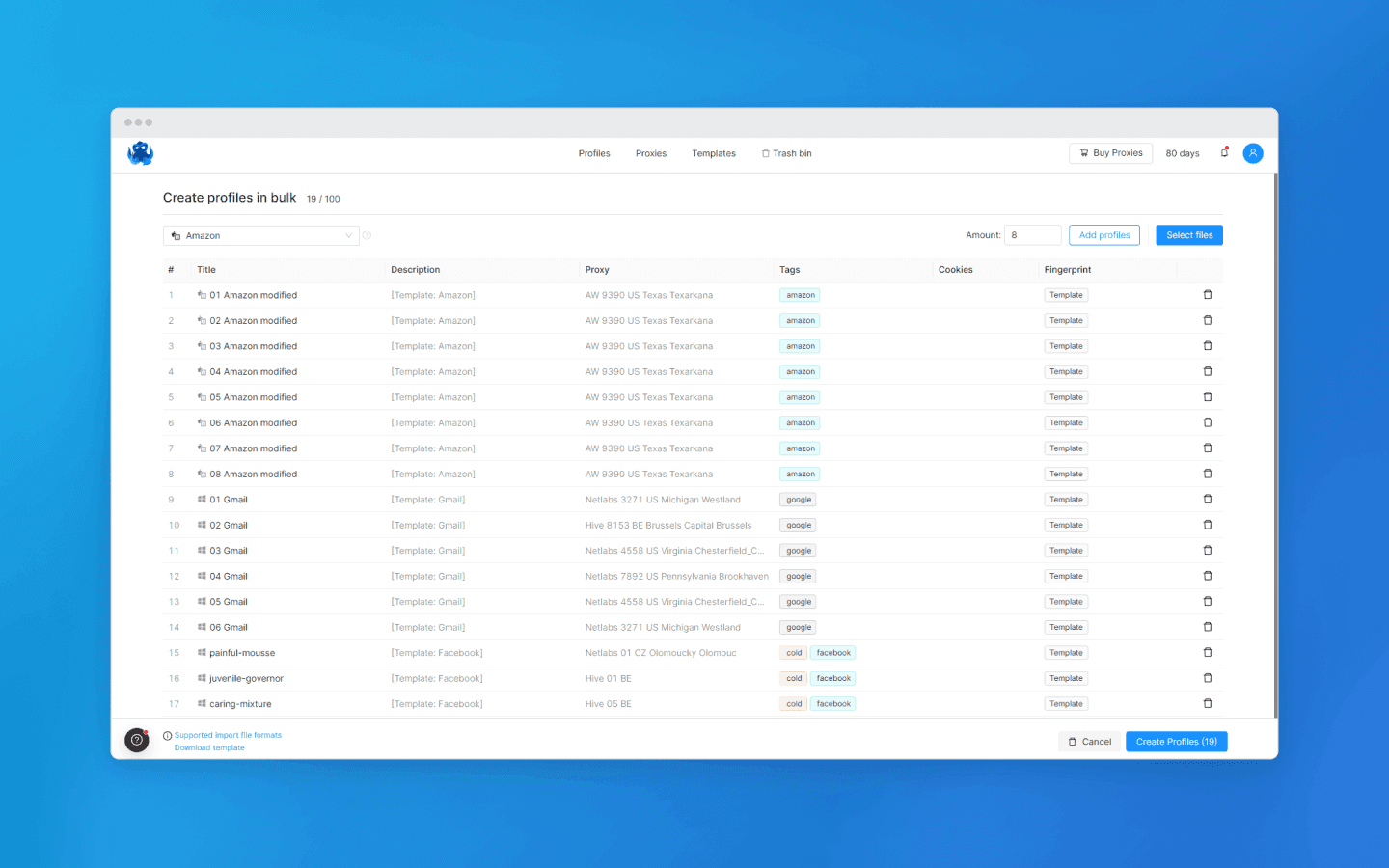 Bulk profile creation in Octo Browser