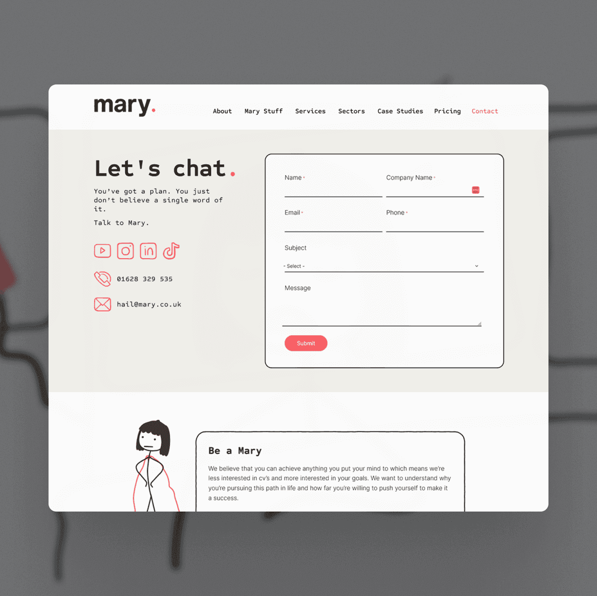 ary Agency team page titled "The Marys" showing staff profiles for Dan Holt and Liam Parker with hand-drawn character illustrations