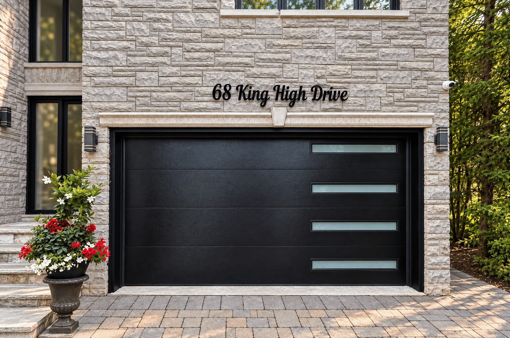 Insulated steel and glass garage door on a custom home by Door Gallery