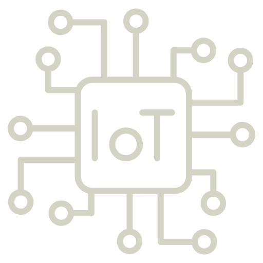 Internet of Things (IoT) technology icon with connected circuit nodes surrounding a central chip representing smart devices and digital connectivity.