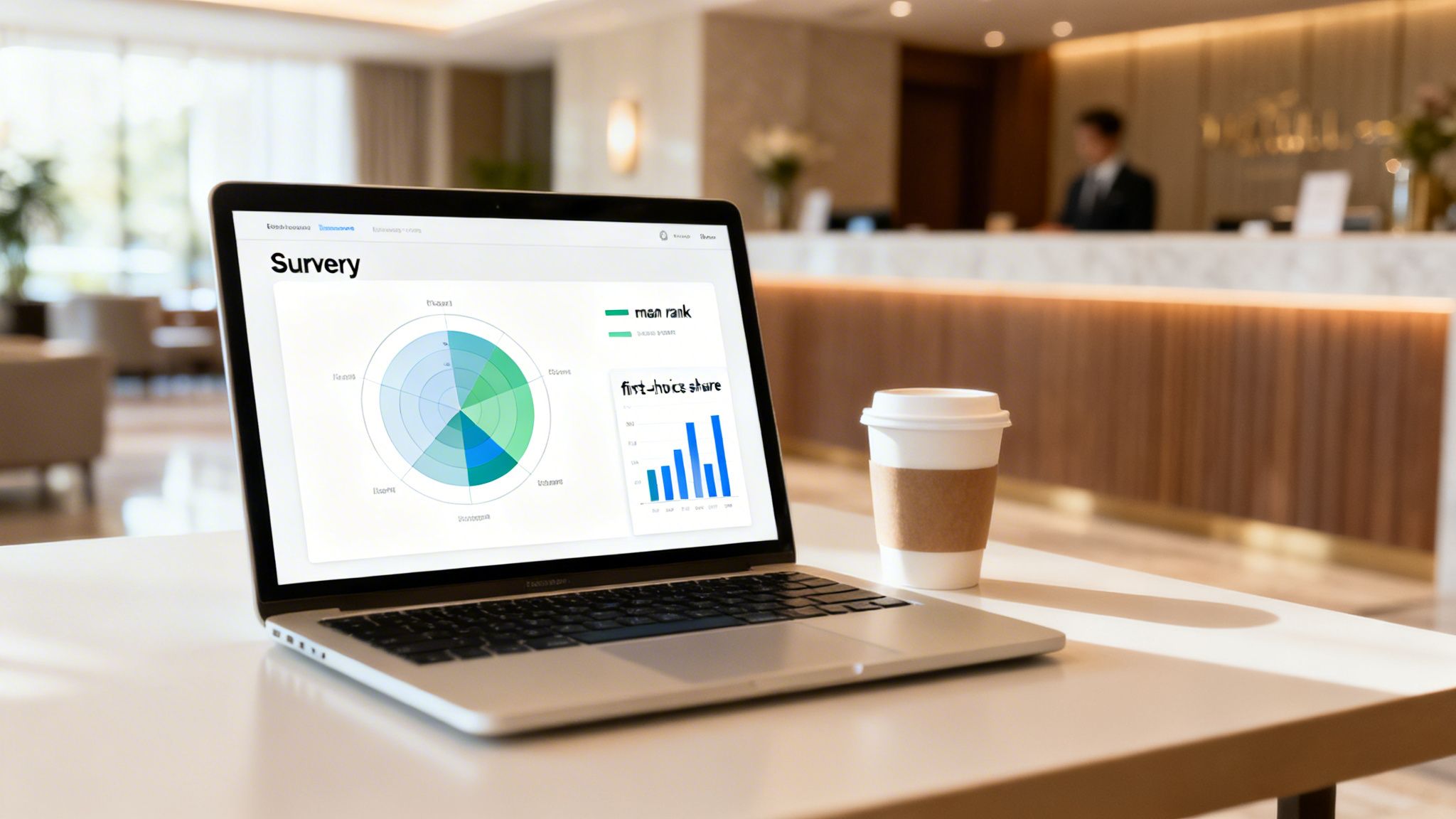 A laptop displaying a survey dashboard with charts and data, next to a coffee cup in a hotel lobby.