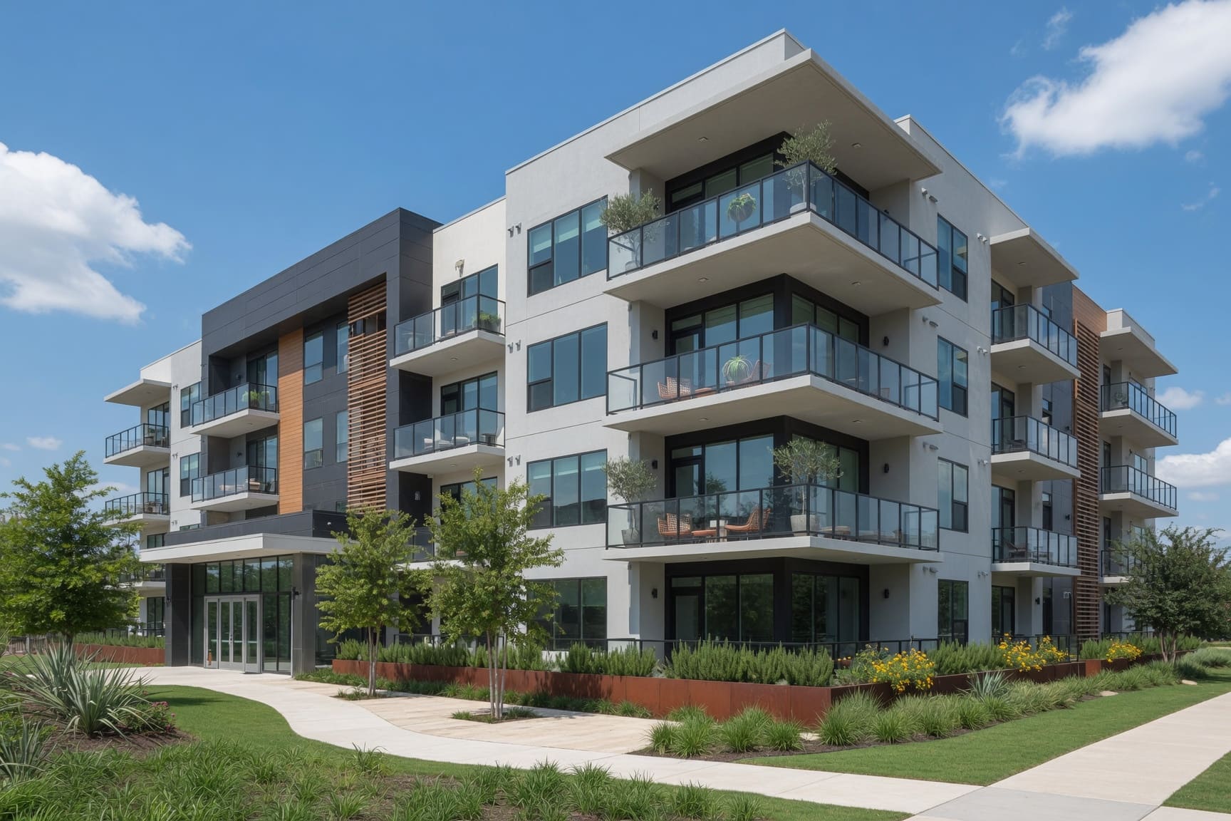 Modern apartment building exterior with balconies and landscaping