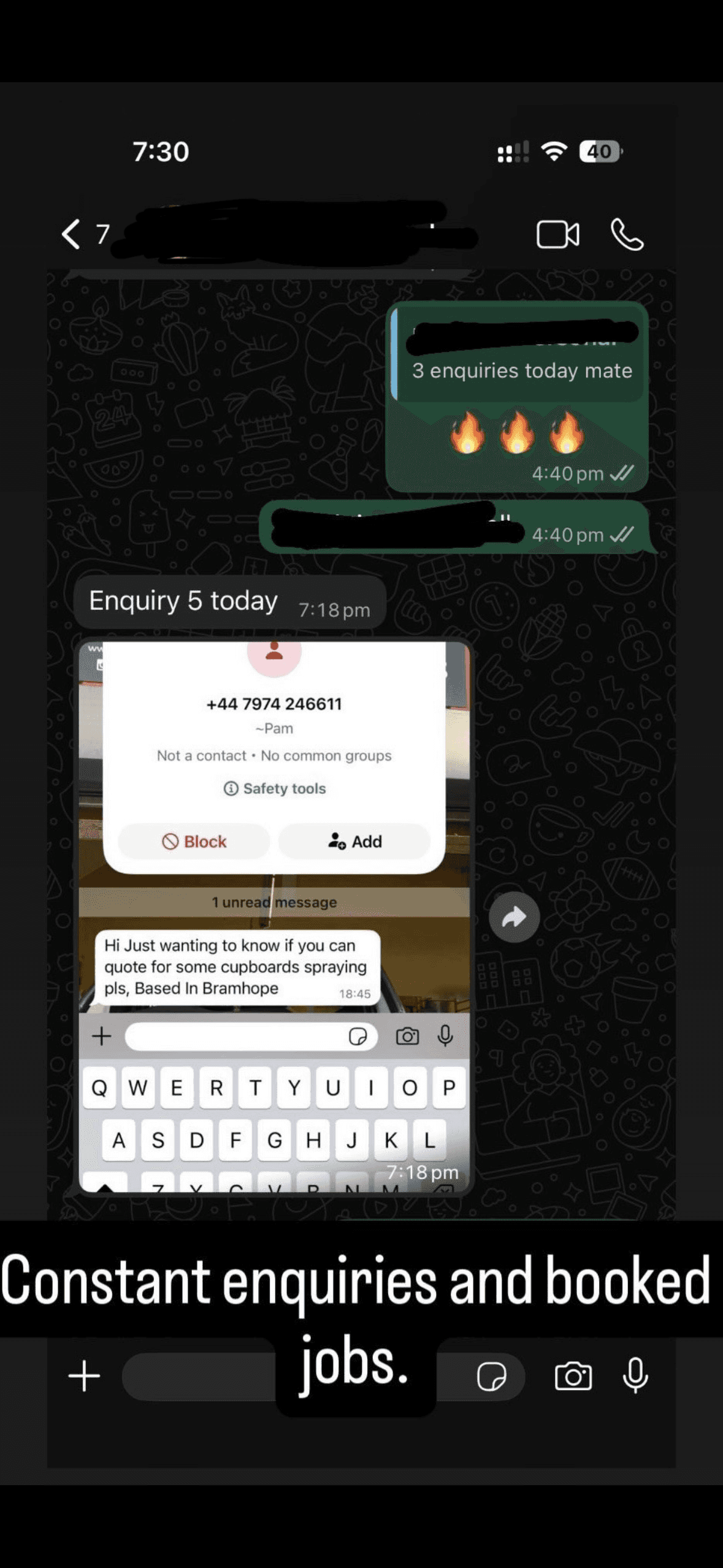 Client WhatsApp message showing constant enquiries and booked jobs