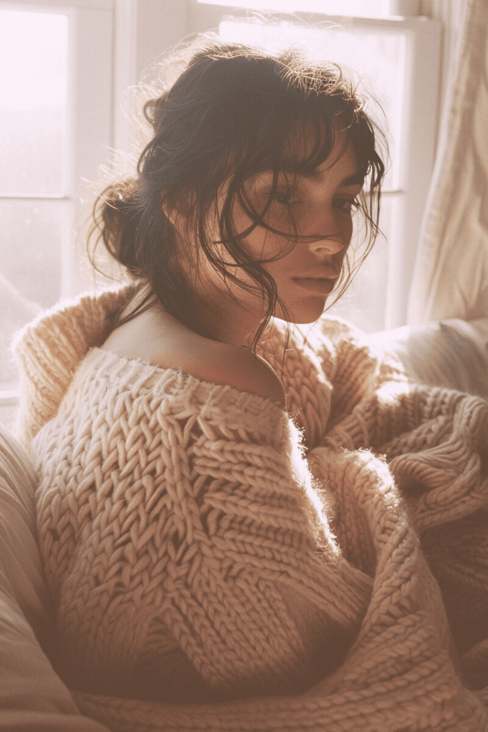 Postpartum mother sitting in soft light with tired expression, experiencing low energy from low iron or blood sugar after childbirth