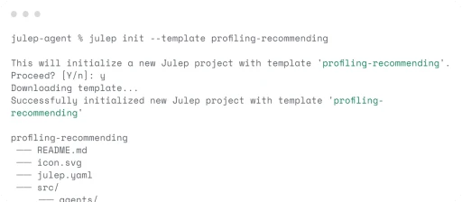 Terminal screenshot showing Julep AI agent initialization command with profiling-recommending template and project file structure