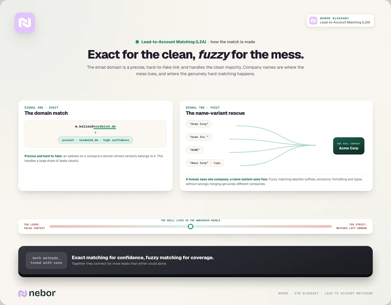 Exact for the clean, fuzzy for the mess: domain match, name variants, the tuning balance