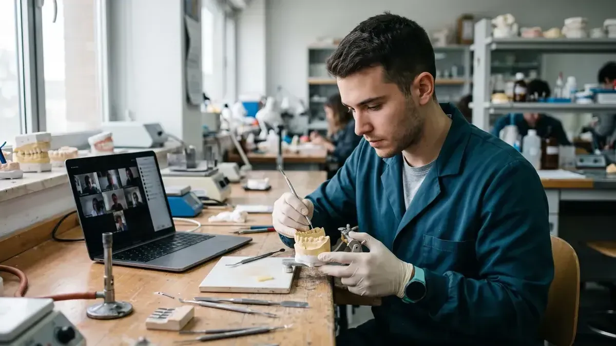 Estudiante de prótesis dental trabaja un modelo de yeso en el laboratorio con una videoclase abierta en el portátil