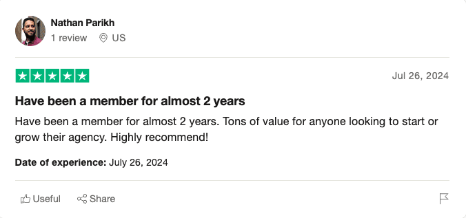 Screenshot of Trustpilot Review of Client Ascension by Nathan Parikh, Agency Owner.