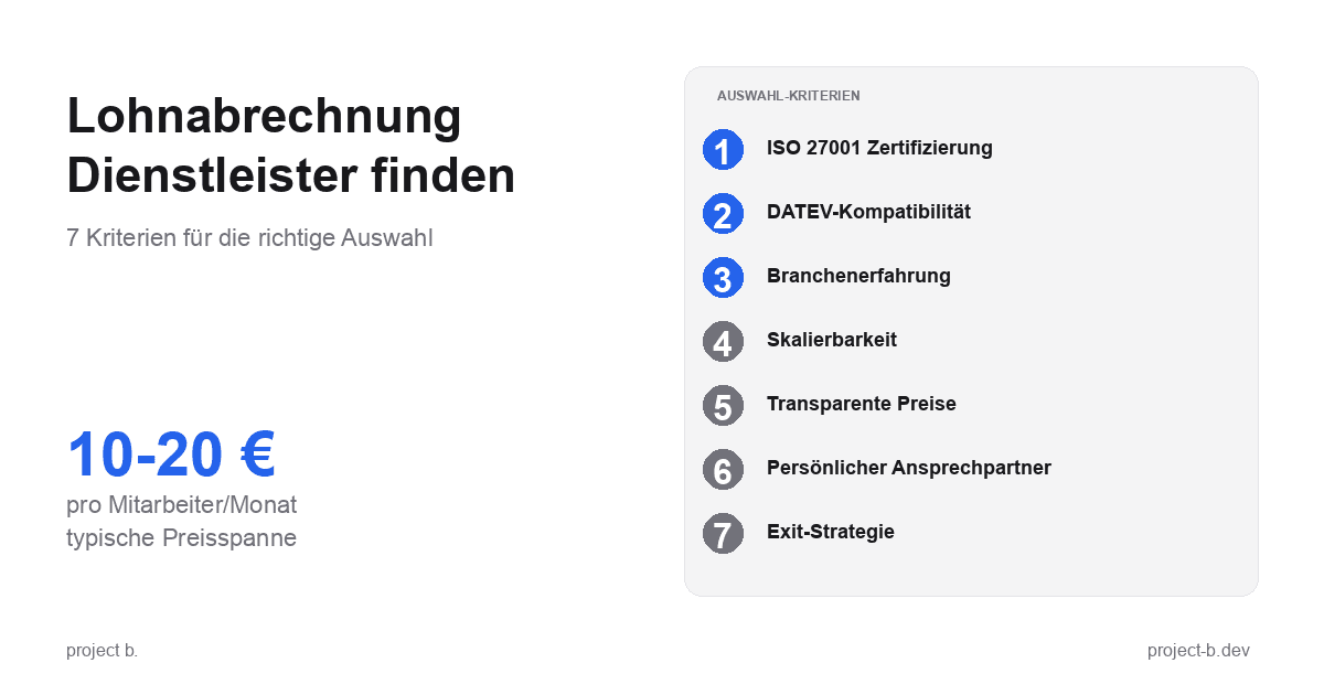 Infografik Lohnabrechnung Dienstleister Auswahl: 7 Kriterien von Zertifizierung bis Exit-Strategie mit Vergleichstabelle
