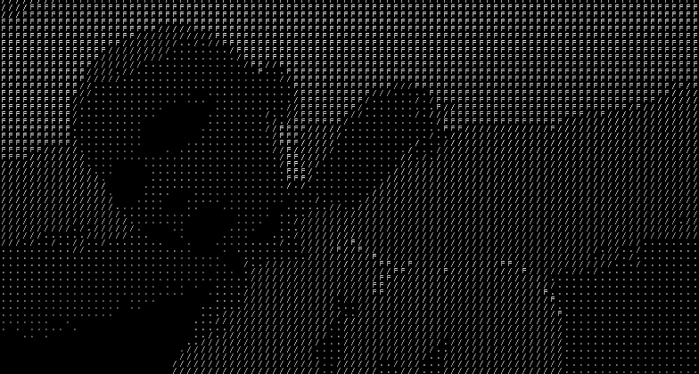 Black-and-white abstract image composed of dense alphanumeric characters forming layered shapes and textures.