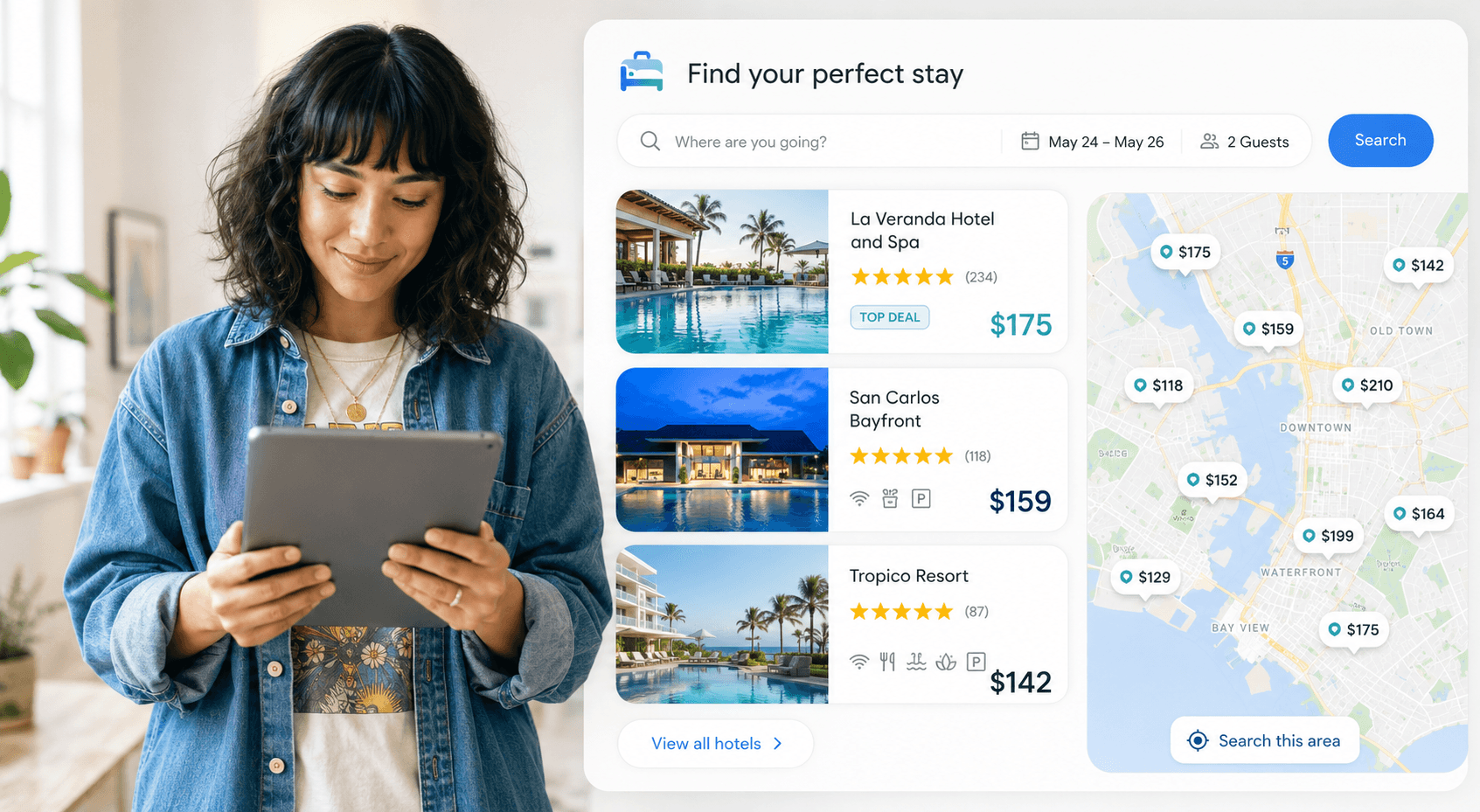 Woman on a tablet beside a hotel search interface with listings, prices, and a map