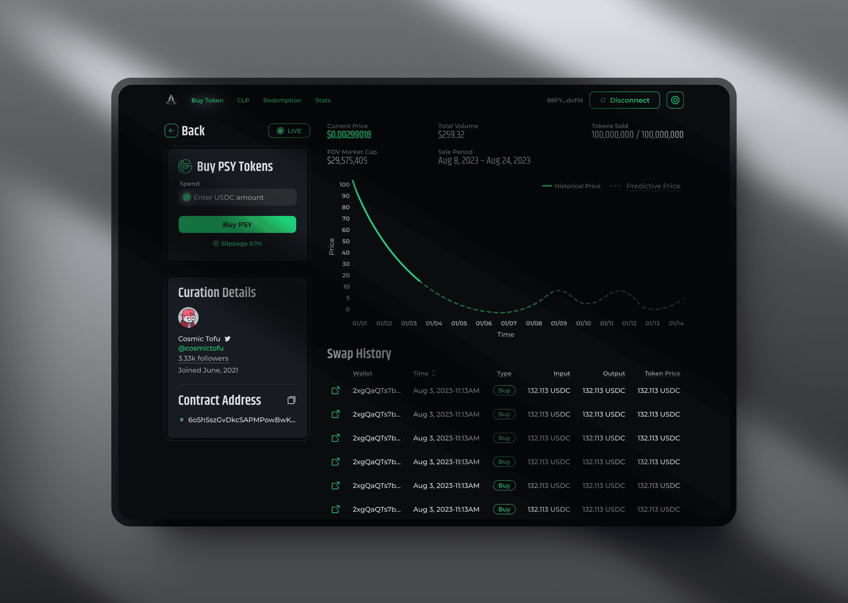 App trading curve where users buys tokens