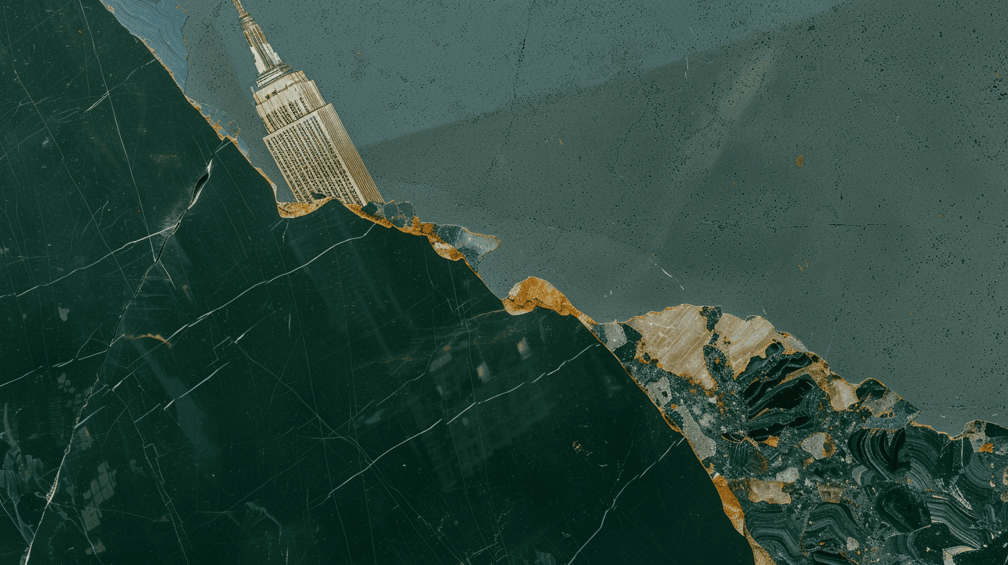 An abstract composition featuring dark green marble with white veins, contrasted by a lighter teal section and.