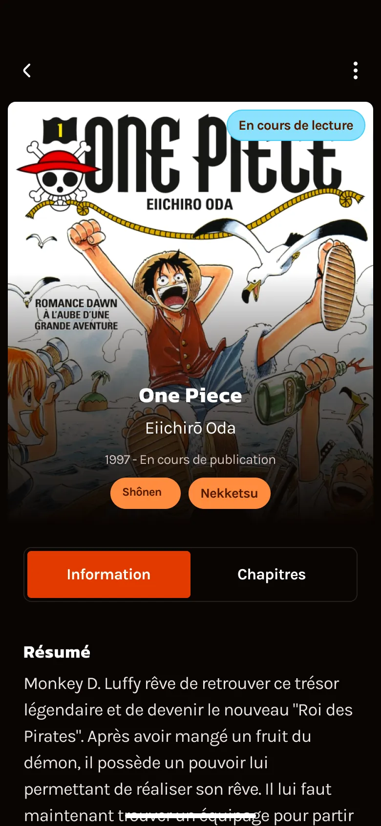 Page affichant les informations importantes d'un manga précis