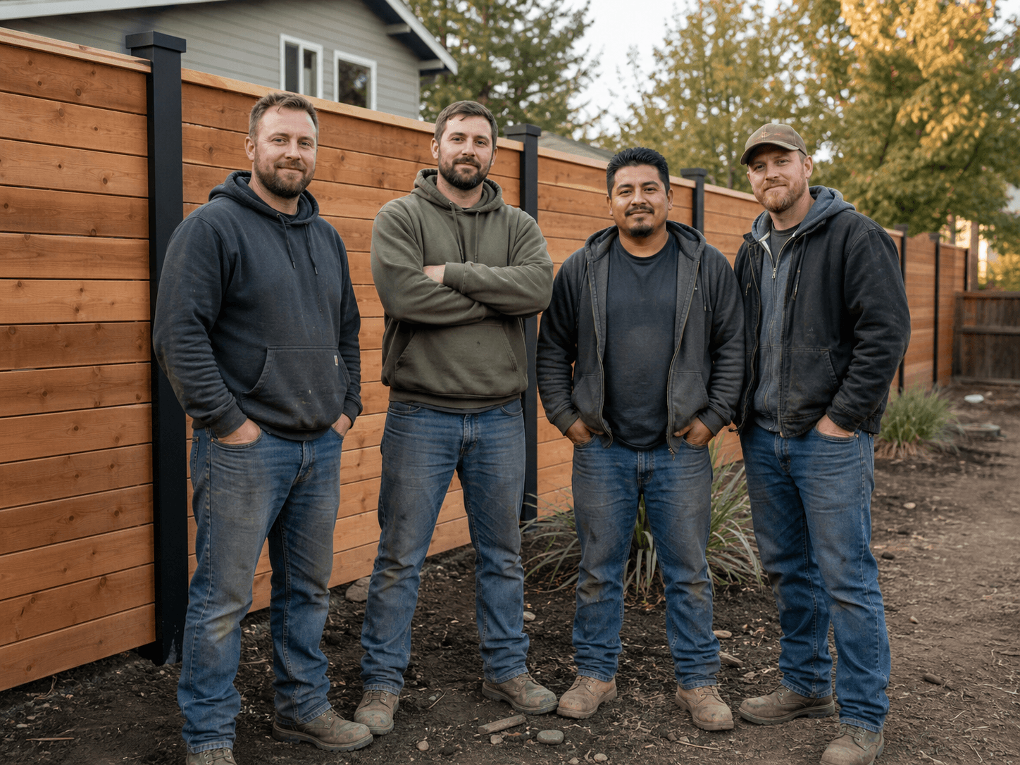 Norfolk fence installation crew standing beside a finished cedar fence