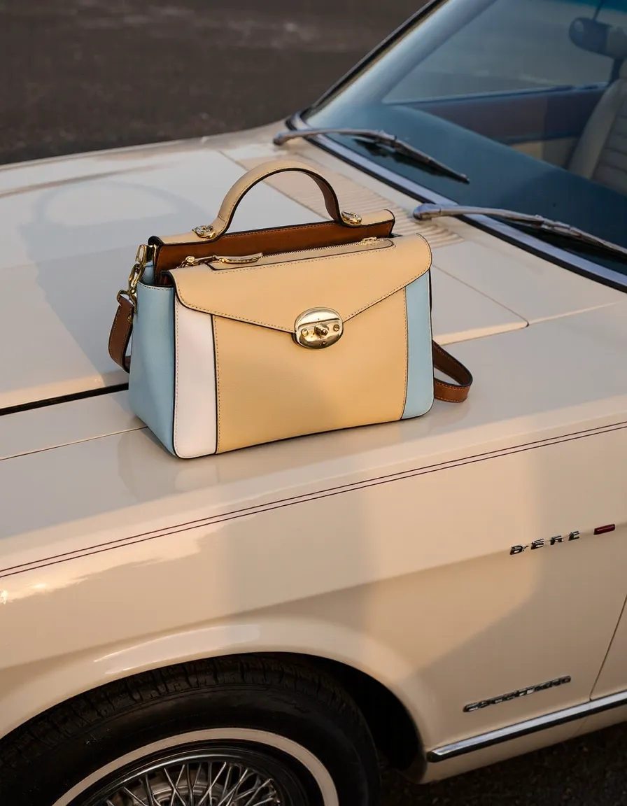 Pastel color-block handbag with gold clasp positioned on cream vintage car hood, creating an elegant editorial-style product shot