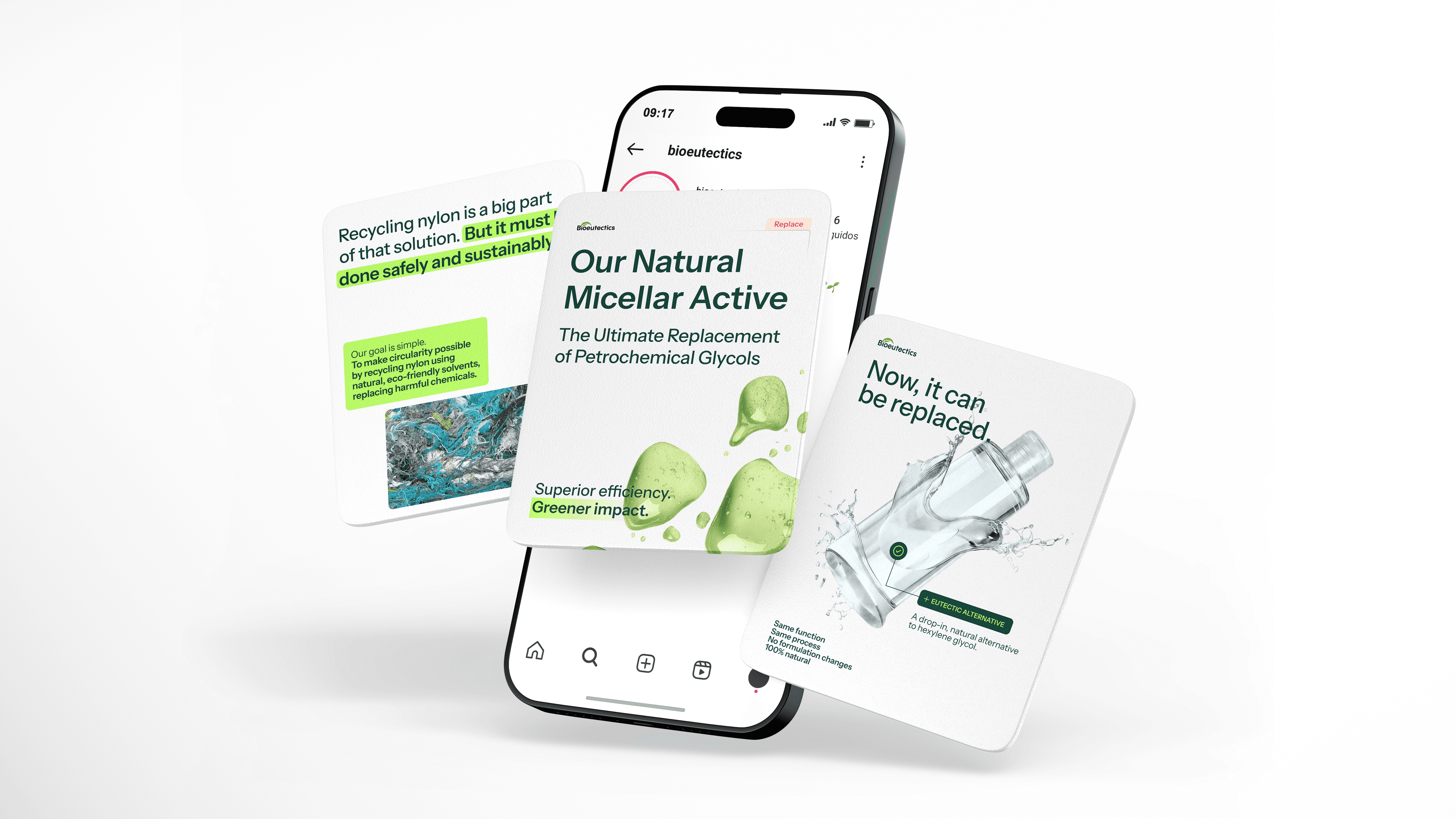 Instagram posts highlighting Bioeutectics' sustainable solvents.