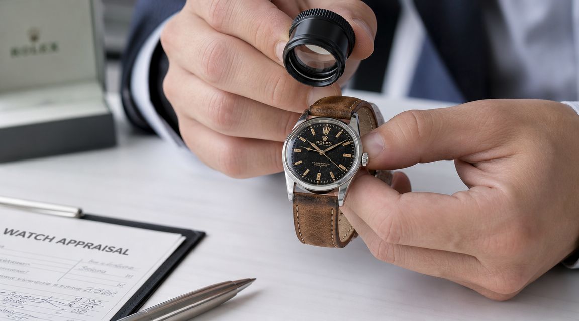 An expert appraiser uses a jeweler's loupe to carefully inspect a vintage Rolex wristwatch for authentication.