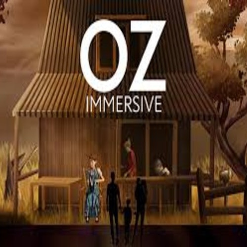 Two adults and a child stand facing a rustic house with "OZ IMMERSIVE" text above. Trees and fields are in the background.