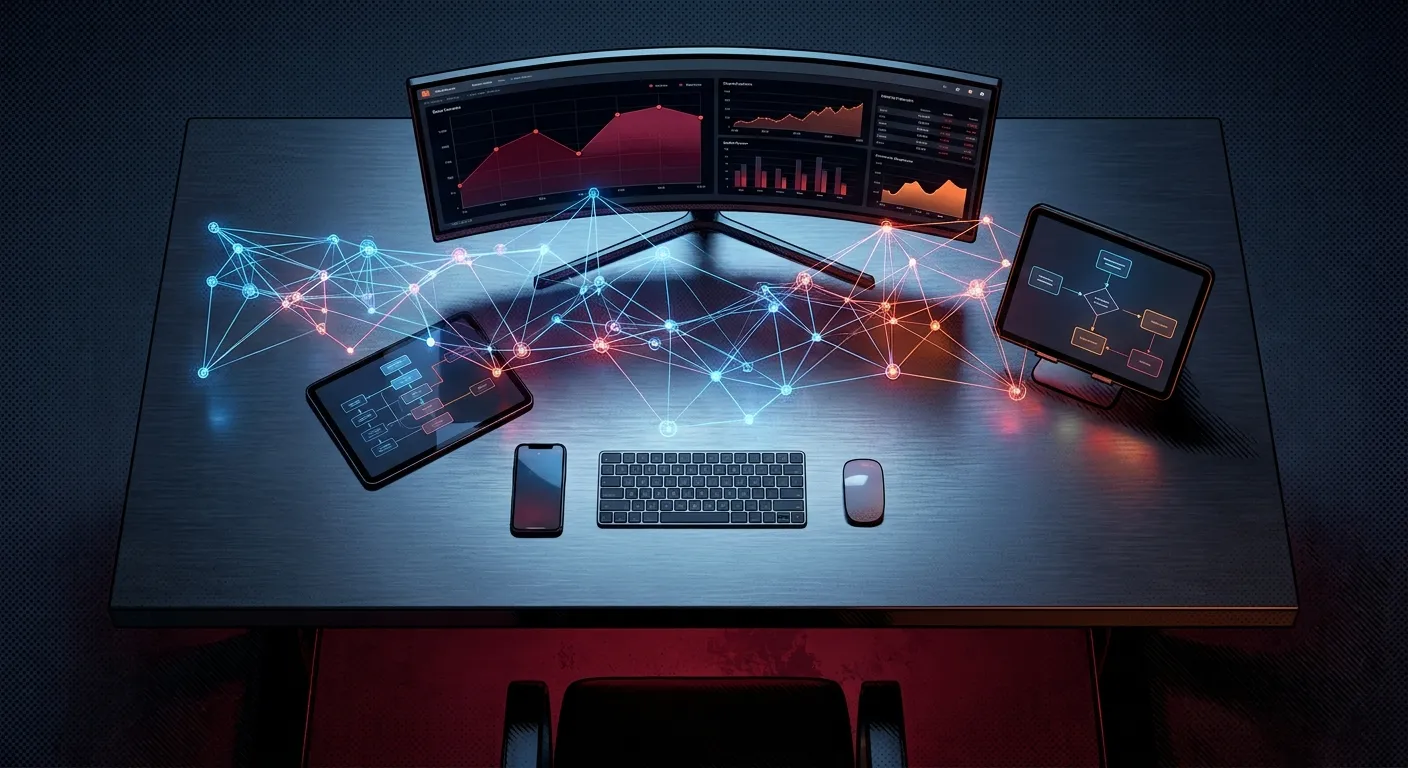 Digital Marketing setup by RockN' Socials; dual monitors, graphs on screens.