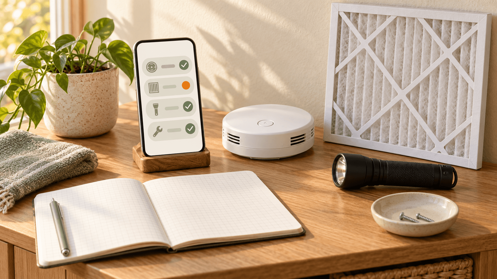 Phone with an abstract home maintenance tracker beside a smoke alarm, air filter, flashlight, and inspection notebook