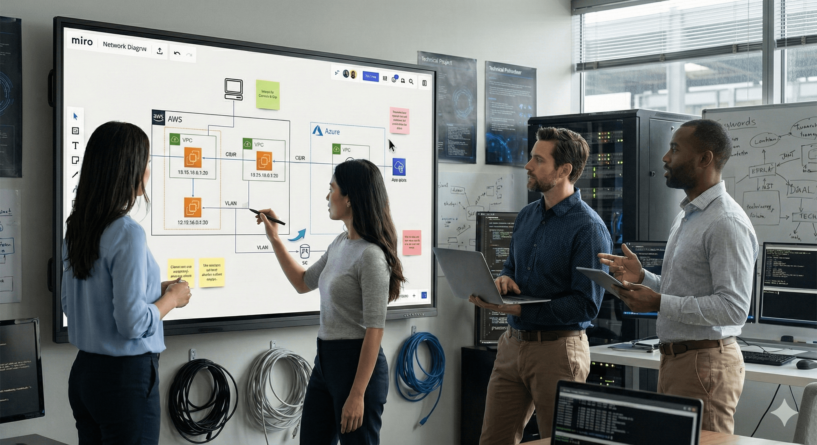 A group of professionals collaborates in a modern office, engaging with a Miro network diagram displayed on a large digital whiteboard, surrounded by technology equipment and servers.