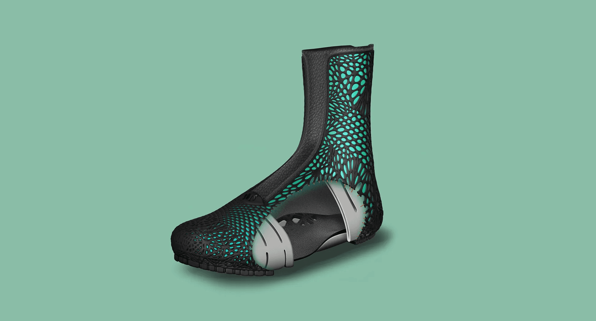 SOLS ADAPTIV footwear rendering with black lattice upper and teal internal structure