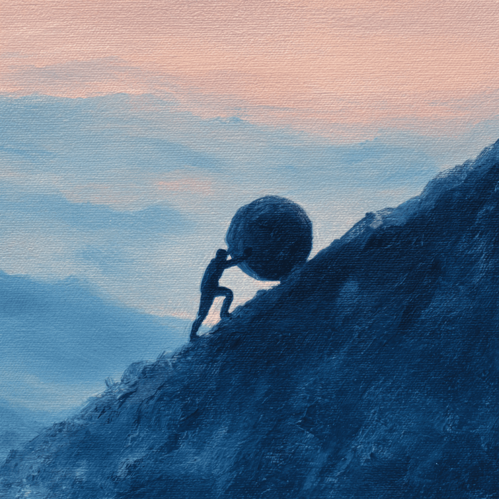 Sisyphus eternally rolling a boulder up a mountain
