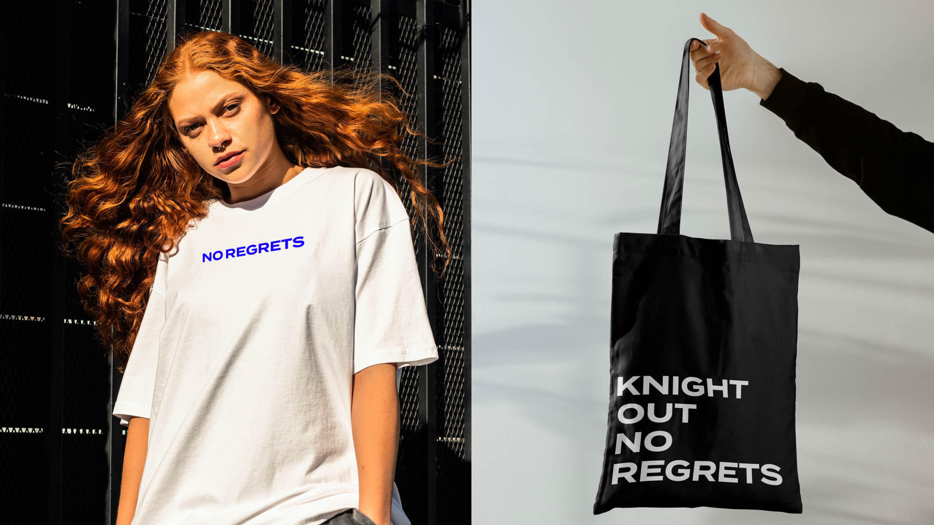 A woman with long, curly red hair stands on the left side of the image, wearing a white t-shirt with the words “NO REGRETS” printed in blue. She is positioned in front of a dark metal grid or fence. To the right, a hand holds up a black tote bag with the words “KNIGHT OUT NO REGRETS” printed in white. The background is a plain light-colored wall.