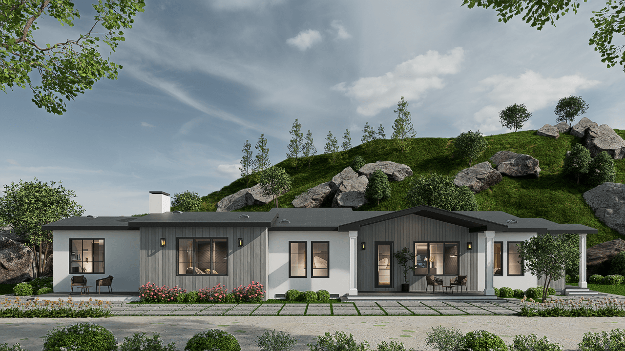 rendernig od a new home with lots of vegetationa and a large hill with boulders in the background