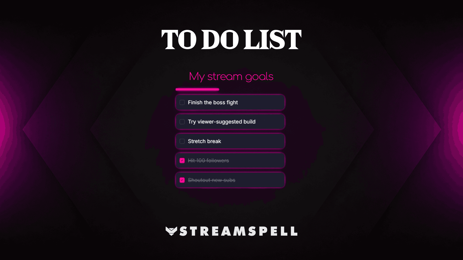 StreamSpell To-do List Widget preview showing neon stream goals with open and completed checklist tasks
