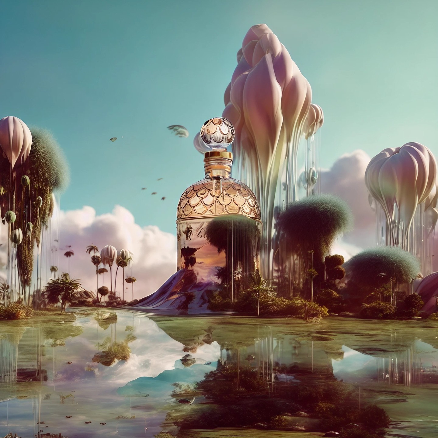 A futuristicsci-fi drawing of Guerlain Bee Bottle interpreted as a mountain in the middle of futuristic liquid world via generative AI.
