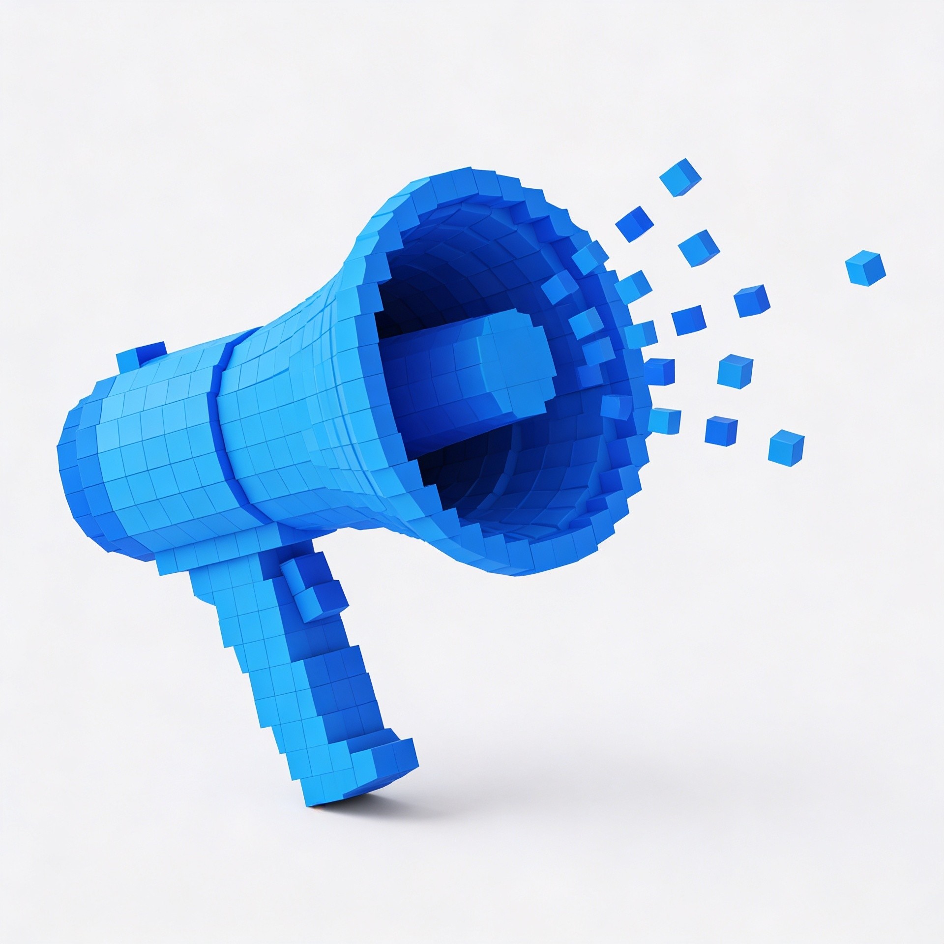 Blue voxel megaphone symbolizing AI in content marketing