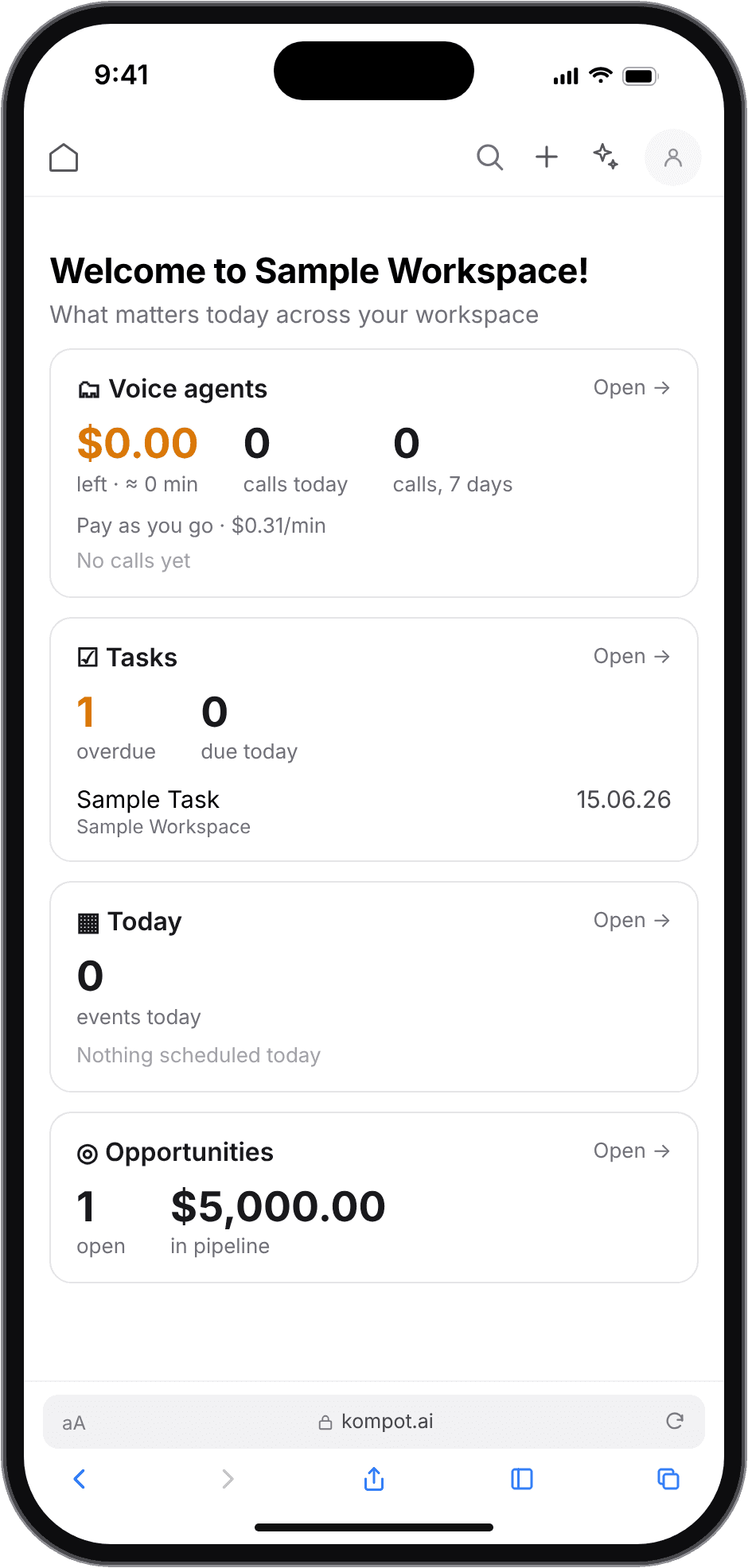 Mobile dashboard of the shipped redesign: summary cards for agents, tasks, today and opportunities