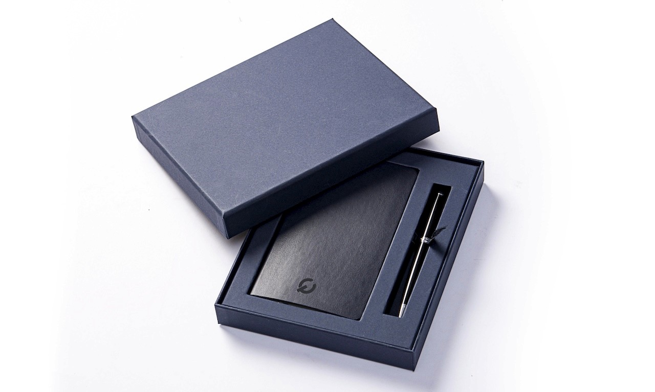 Custom corporate journal and pen gift box with Italian paper wrap